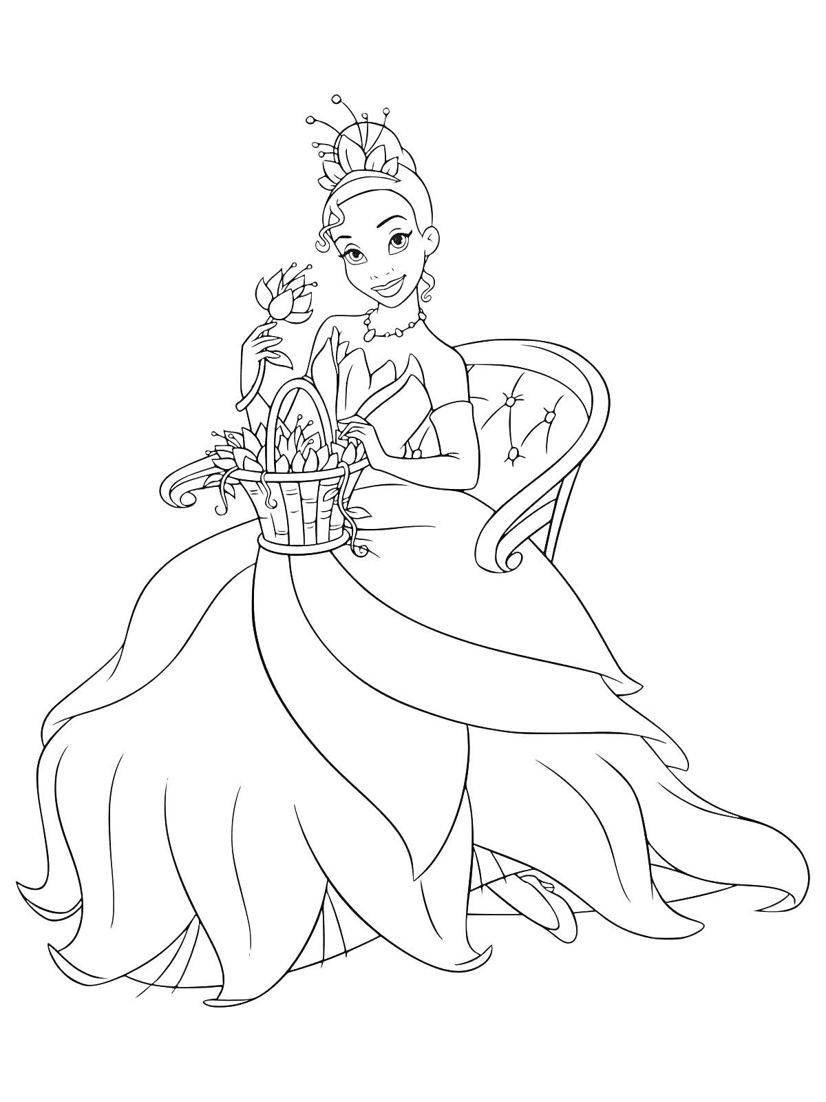 На раскраске изображено: Принцесса, Кресло, Цветы, Платье, Корона