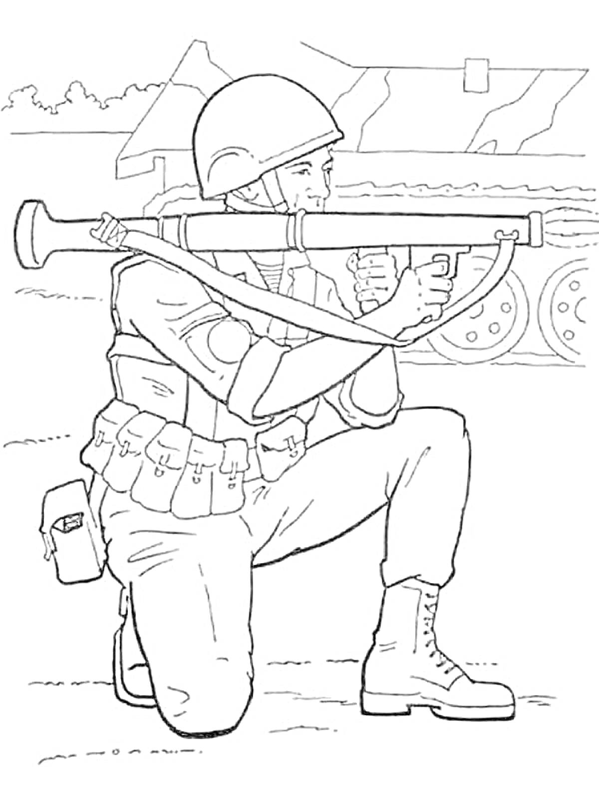 Раскраска Солдат с гранатомётом на фоне танка