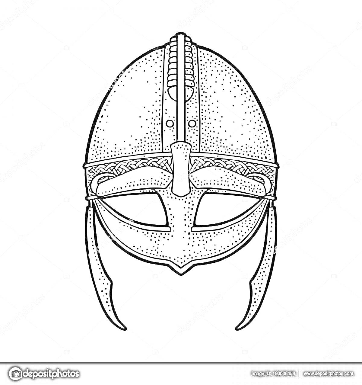 Раскраска Шлем богатыря с прорезями для глаз, рогами и декоративным узором