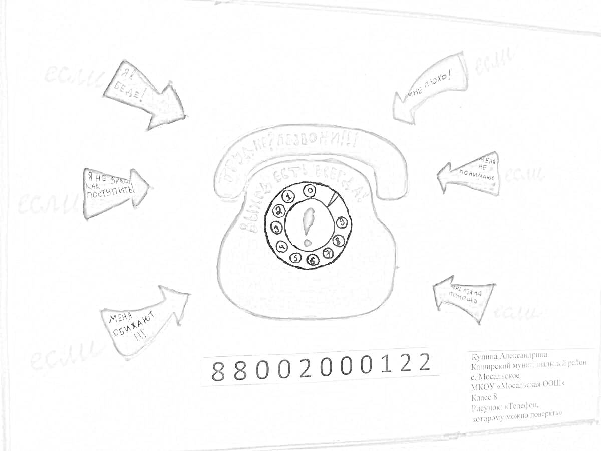 Раскраска Телефон доверия с номером 88002000122 и стрелками с надписями 