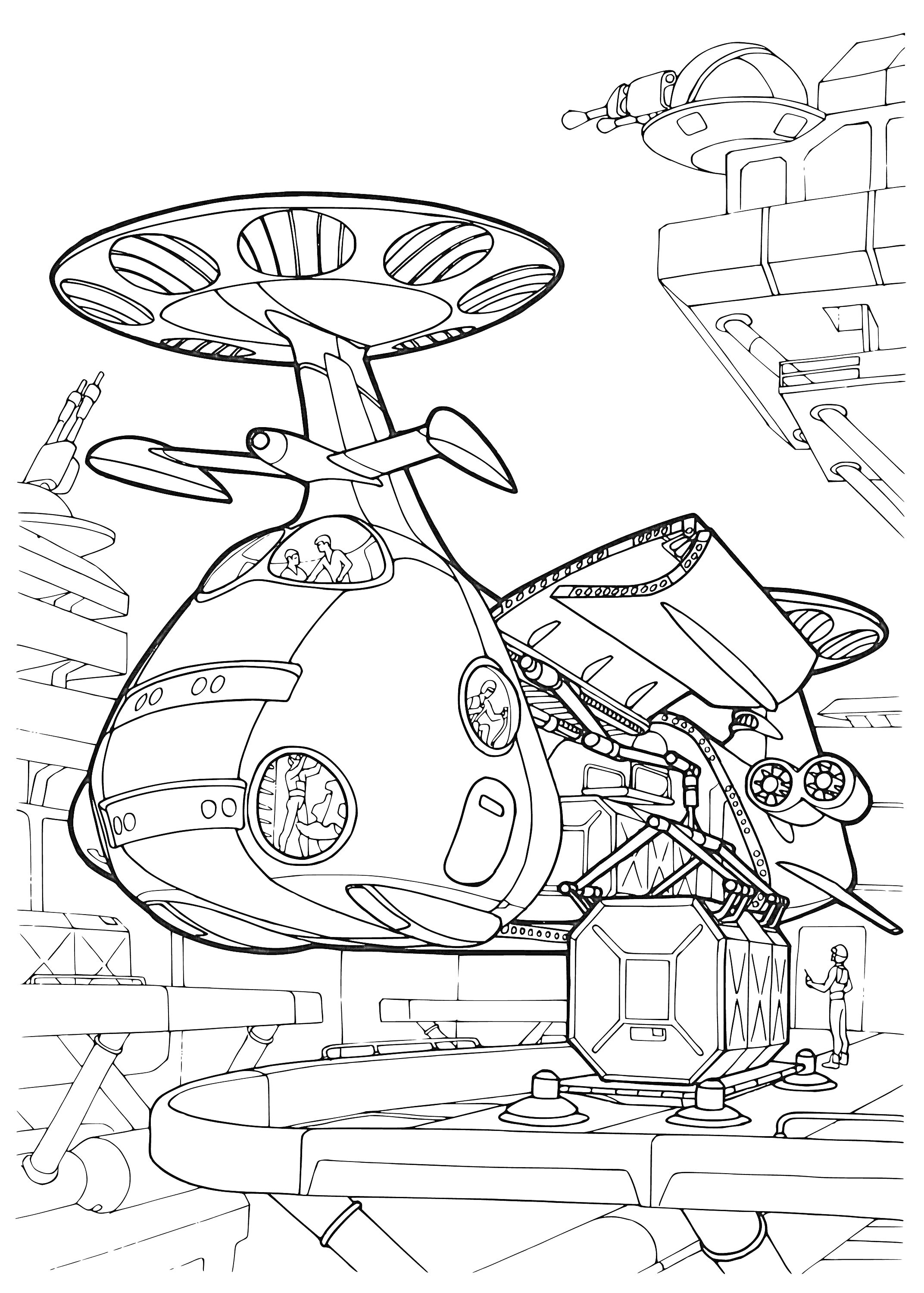 Раскраска Летающий транспортный корабль на футуристическом аэродроме с ангаром и технологическими платформами