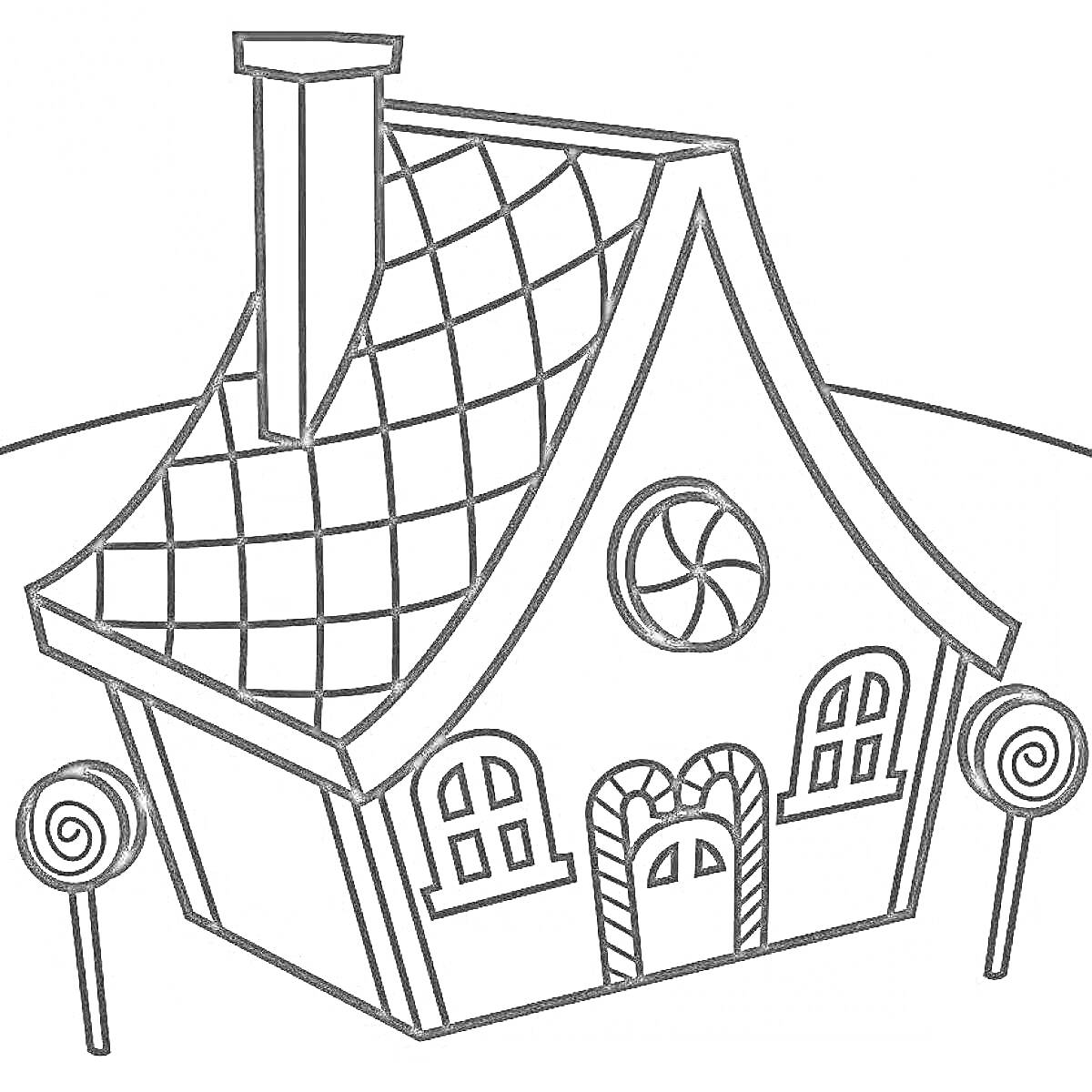 Раскраска Домик с окнами, круглым окном на чердаке, двумя леденцами и дымоходом