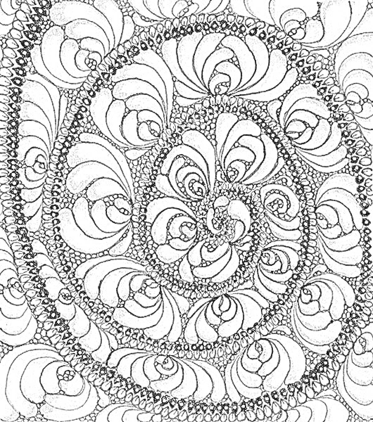 Раскраска Спираль из цветков с бусинами и завитками
