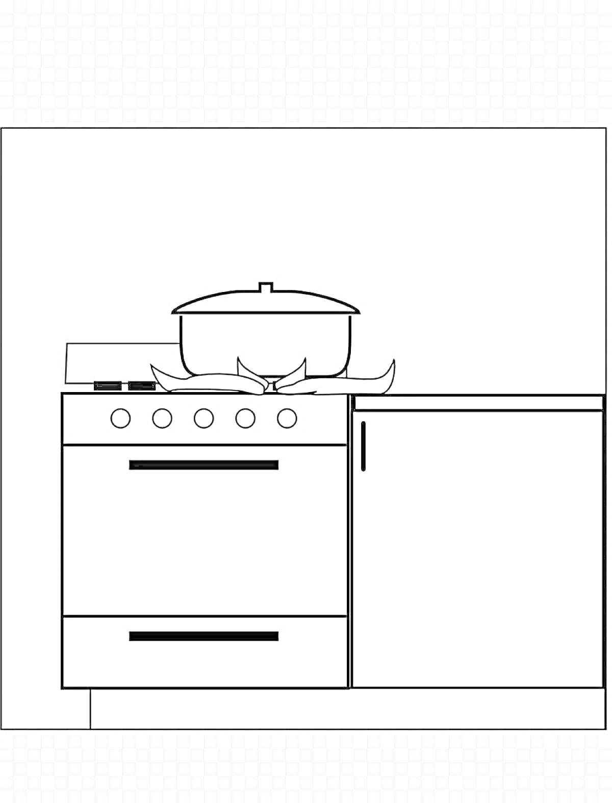 РаскраскаГазовая плита с кастрюлей на кухне