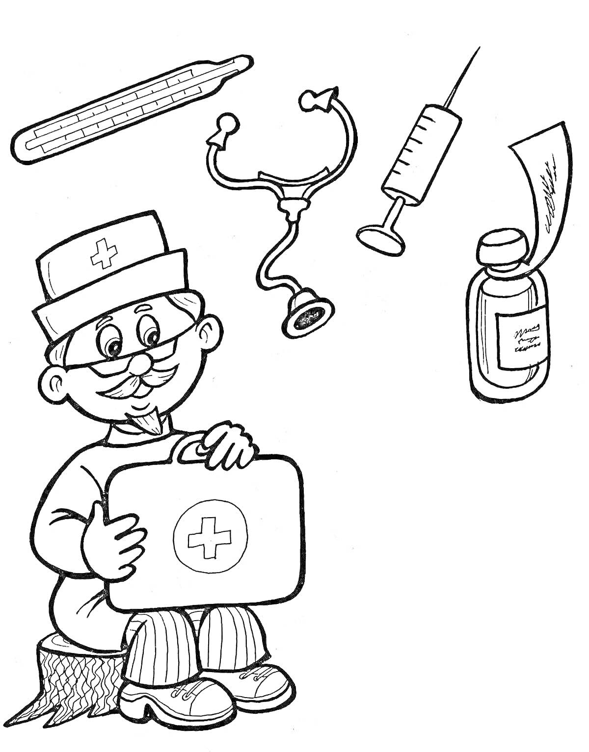 На раскраске изображено: Доктор, Медицина, Чемоданчик, Термометр, Стетоскоп, Шприц, Лекарство, Здоровье, Медицинские инструменты