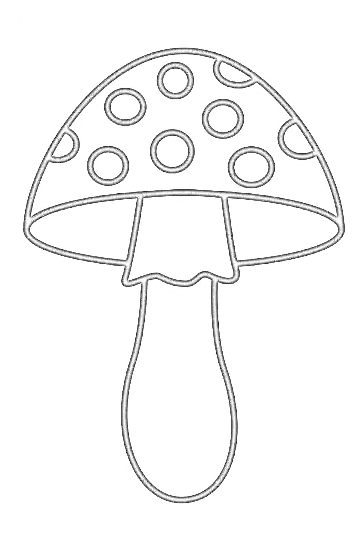 Раскраска Мухомор с круглыми пятнами и ножкой, черно-белый контур