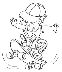 Раскраска Мальчик в кепке катается на скейтборде и делает трюк