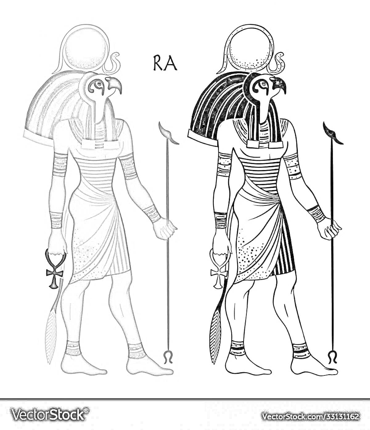 Раскраска Бог Ра с головой сокола, солнечным диском на голове и скипетром в руке