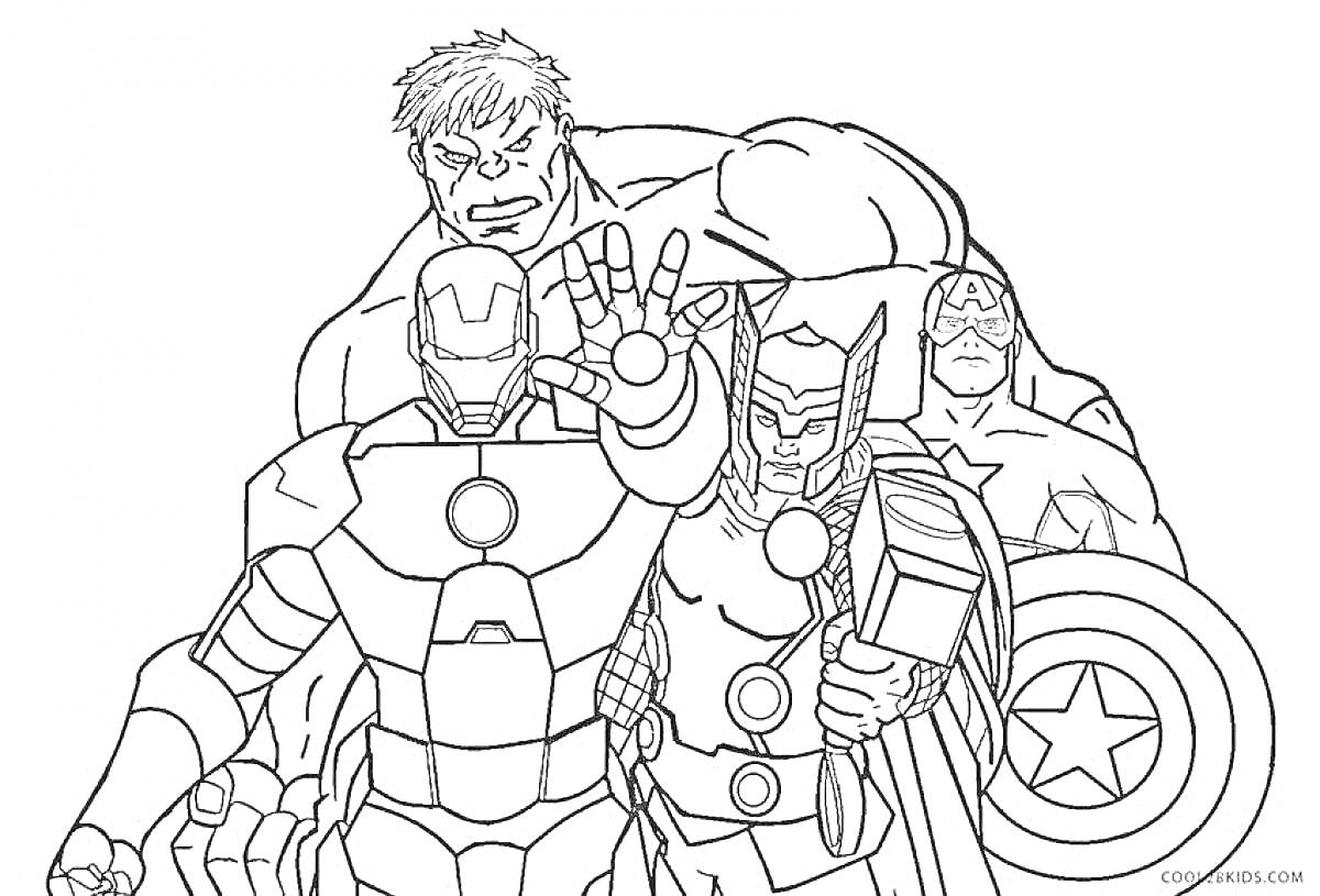На раскраске изображено: Мстители, Халк, Железный человек, Тор, Капитан америка, Супергерои, Комиксы, Марвел
