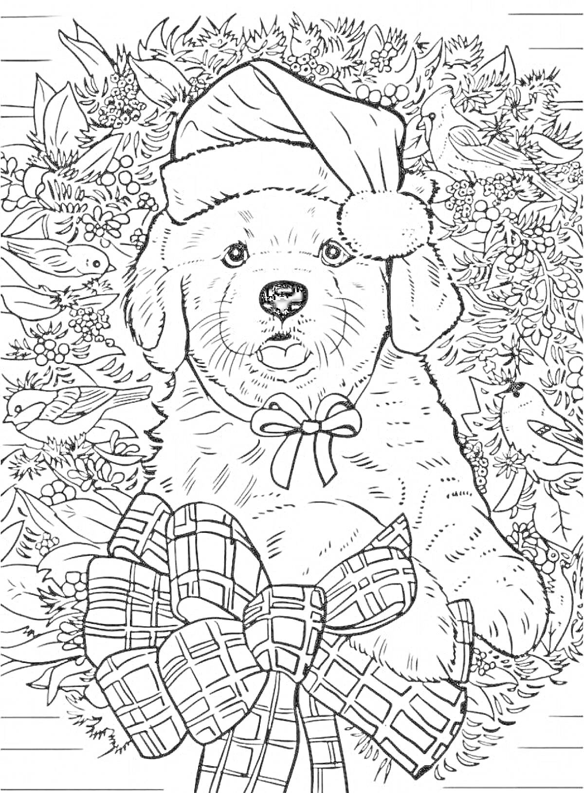 Раскраска Собака в рождественском венке с подарком и птицами