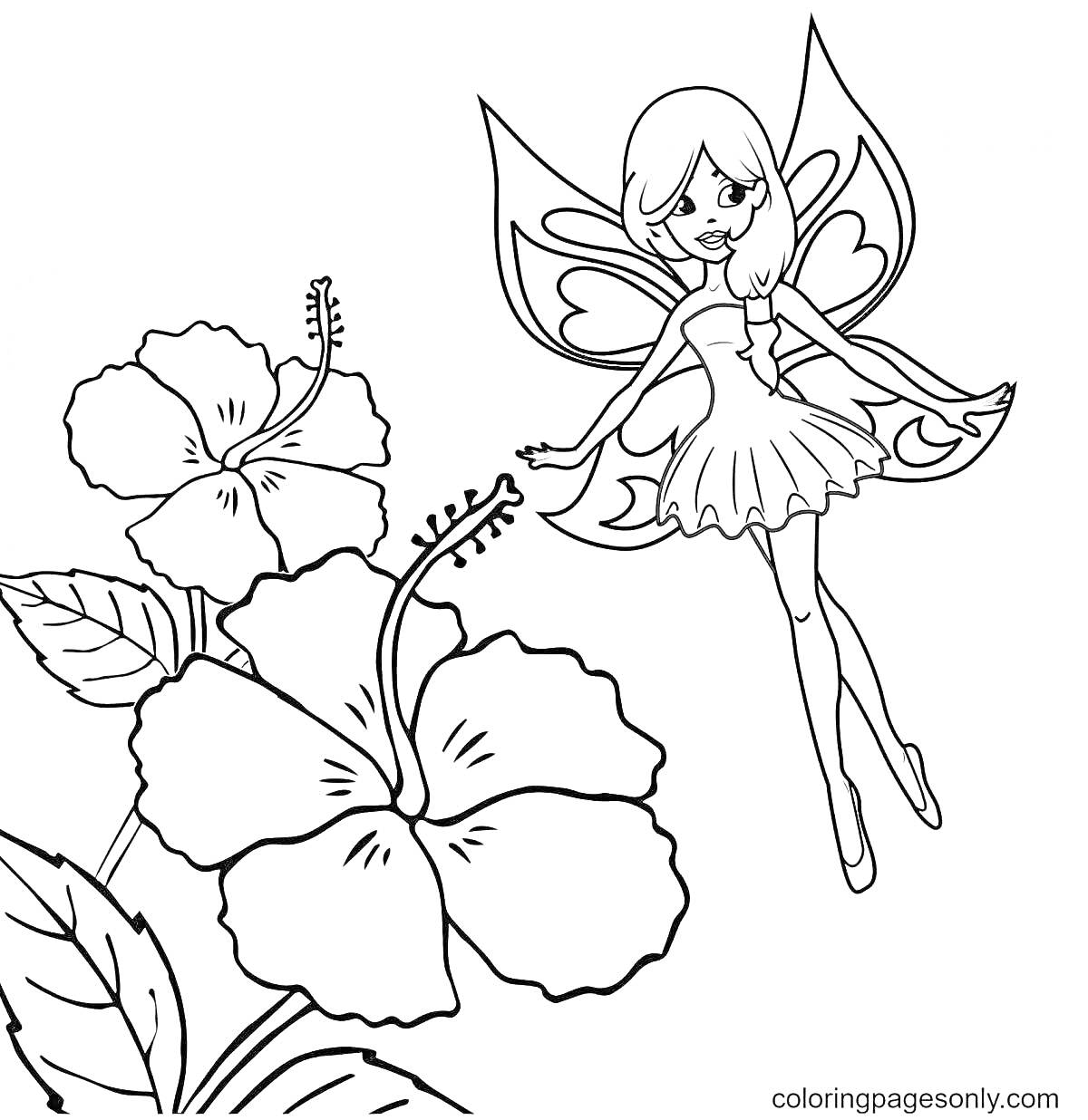 Раскраска цветочная фея с большими крыльями среди цветов гибискуса