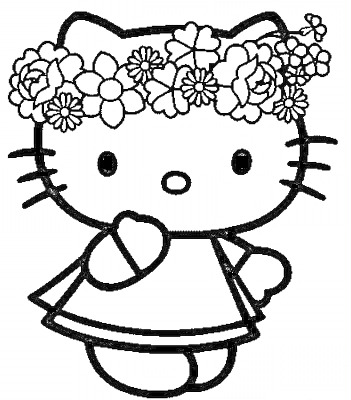 Раскраска Китти с венком из цветов на голове и в платье