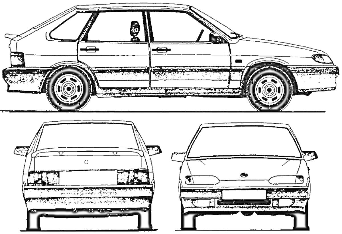 Раскраска Лада 14 с видом сбоку и двумя видами спереди