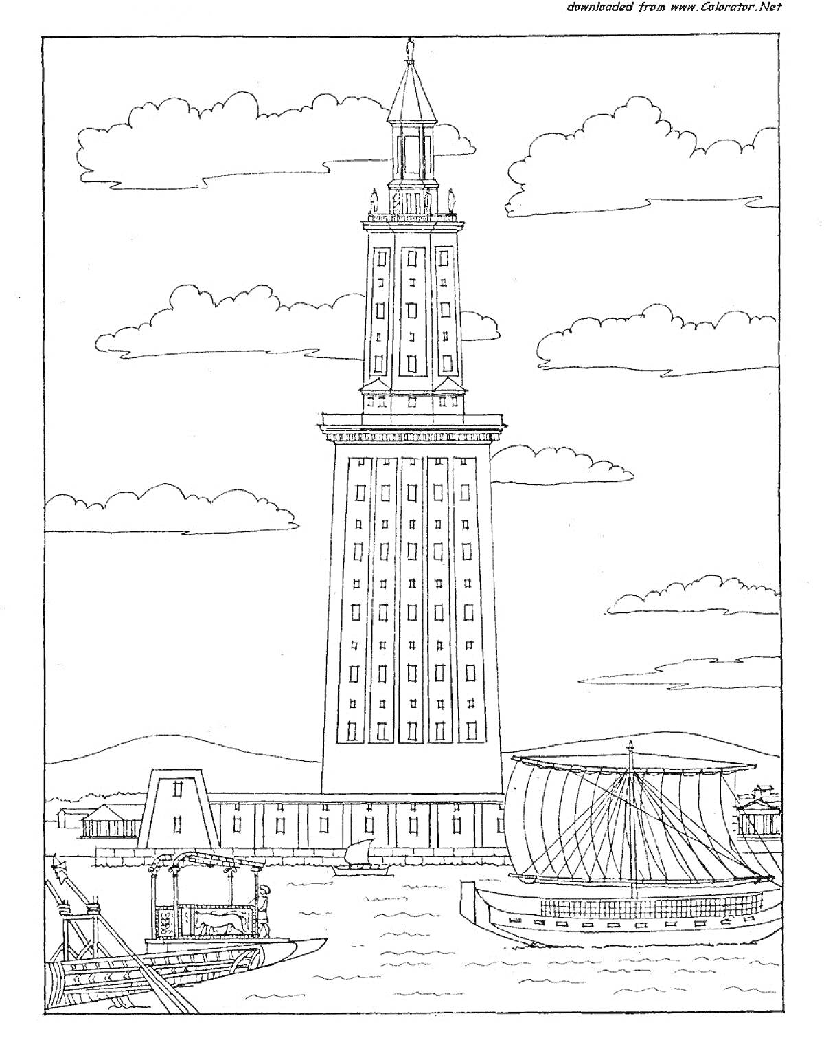Раскраска Александрийский маяк с лодками на реке и облаками в небе