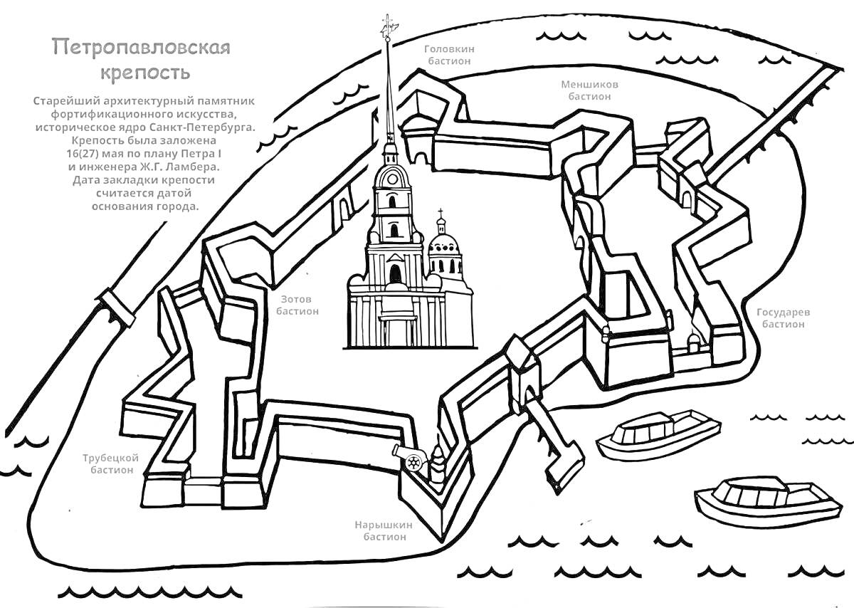 Раскраска Петропавловская крепость - крепостные стены, башни, центральный собор, река, лодки