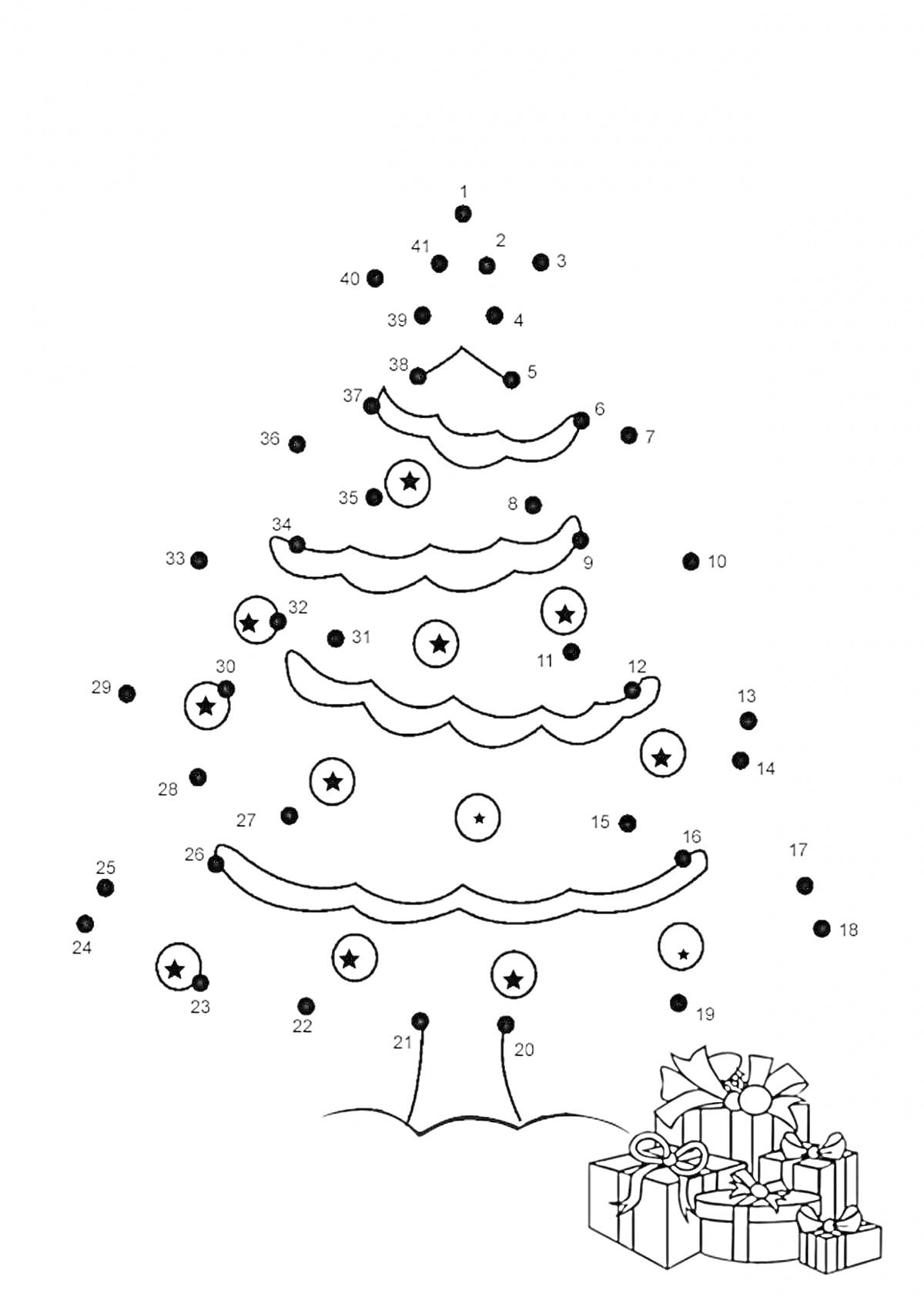 Раскраска Новогодняя ёлка с украшениями и подарками по точкам