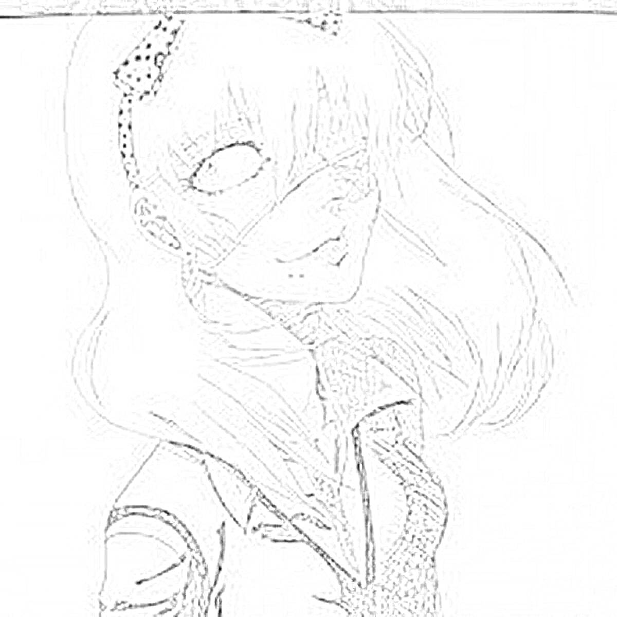 Раскраска Девушка с длинными волосами и замотанным глазом в школьной форме с ободком в горошек