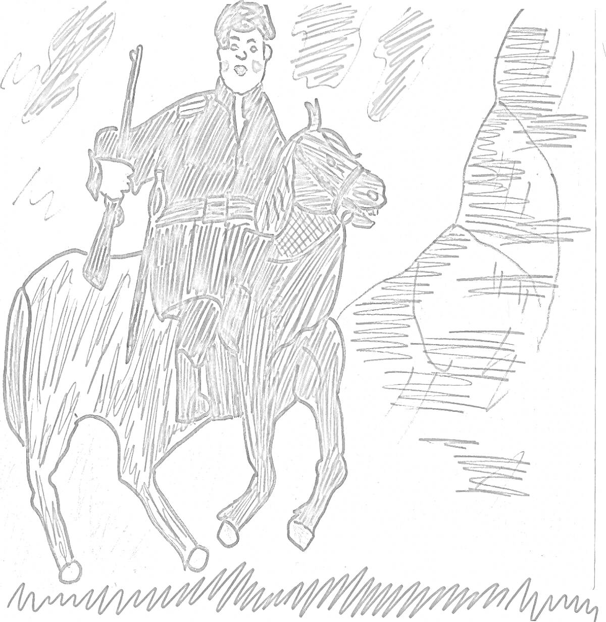 Раскраска Человек на лошади с ружьем на фоне гор