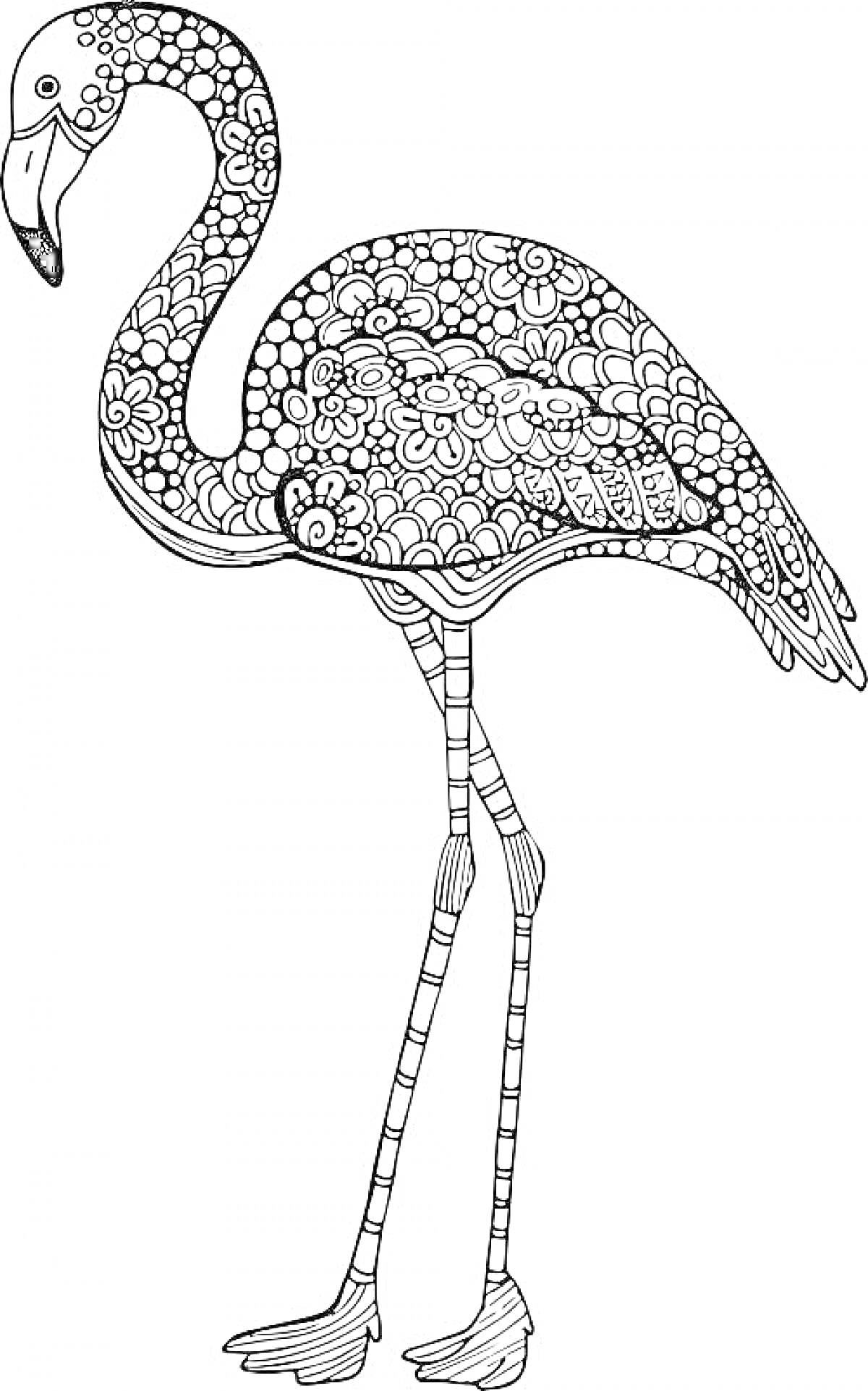 Антистресс раскраска фламинго с узорами из цветов и геометрических фигур