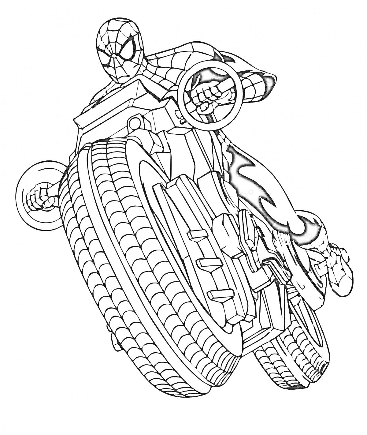 На раскраске изображено: Человек-паук, Мотоцикл, Комиксы, Экшн, Приключения
