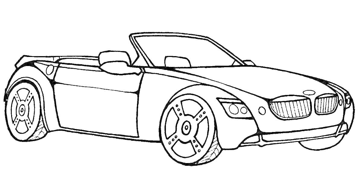 На раскраске изображено: Кабриолет, Спортивный автомобиль, Колёса, Фары, Бмв