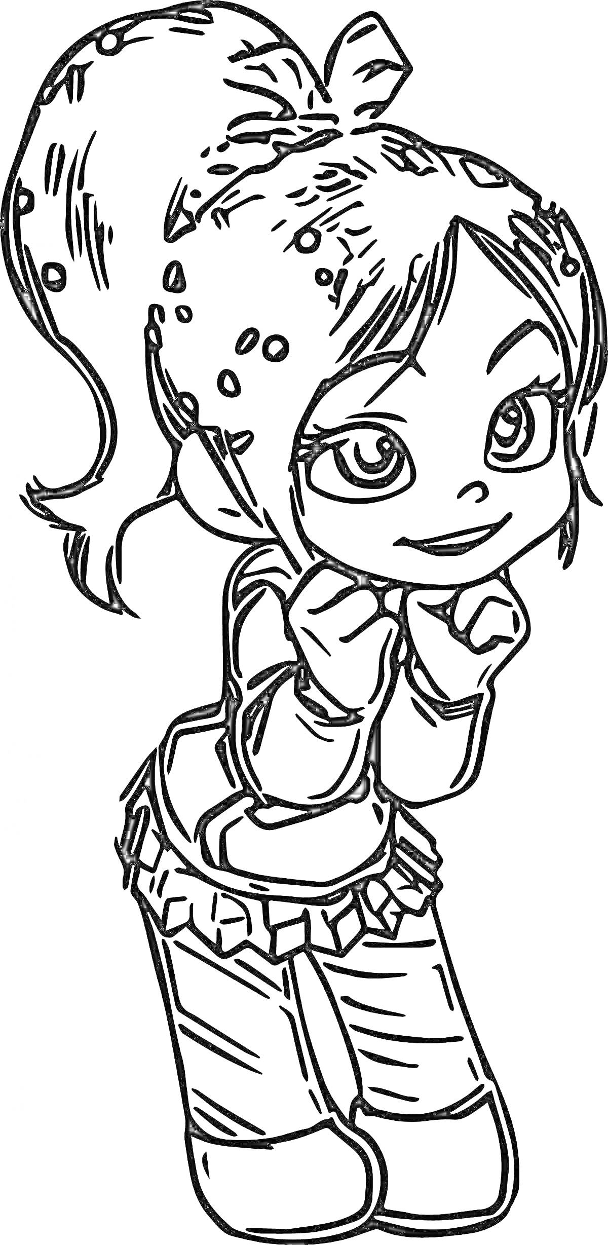 Раскраска Девочка с хвостиком и конфетками в волосах, одета в кофту с длинными рукавами и сапоги, прячет руки под подбородком