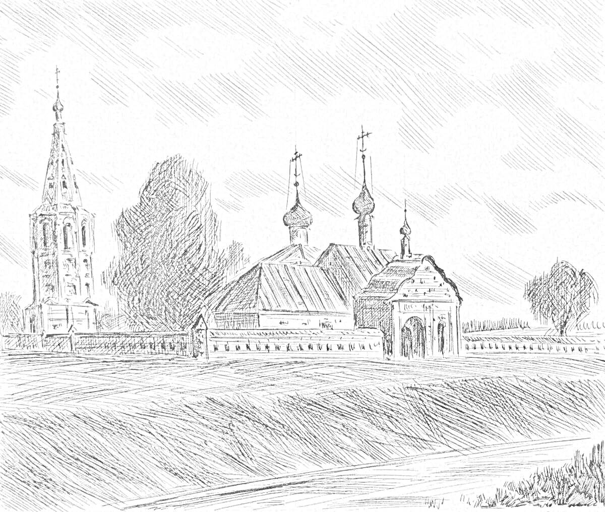 Раскраска Рязанский кремль с колокольней, собором и стенами