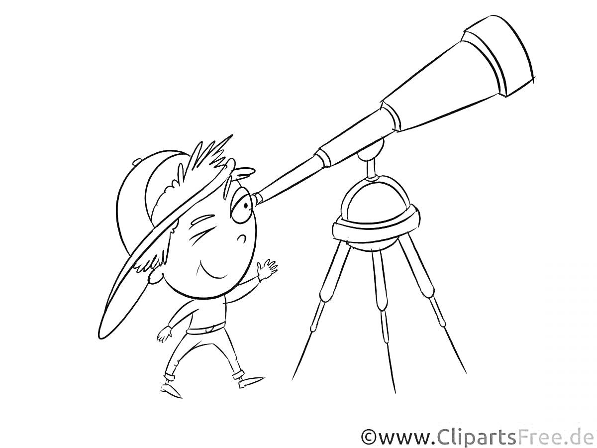 На раскраске изображено: Мальчик, Телескоп, Штатив, Шапка, Астрономия, Наблюдение