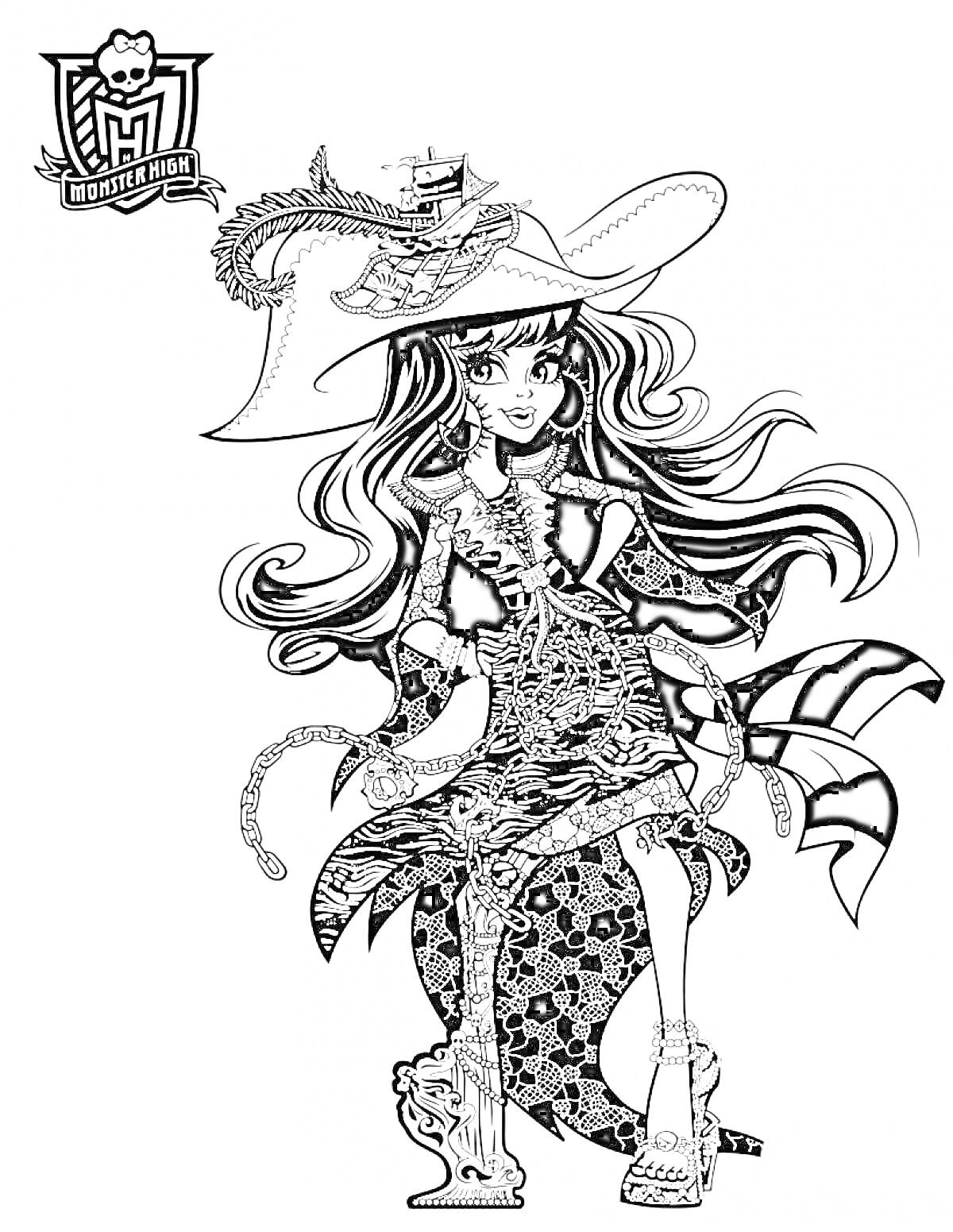 Раскраска Девушка в шляпе с змейкой и длинными волосами в костюме с элементами паутины и черепа, сидящая с веслом