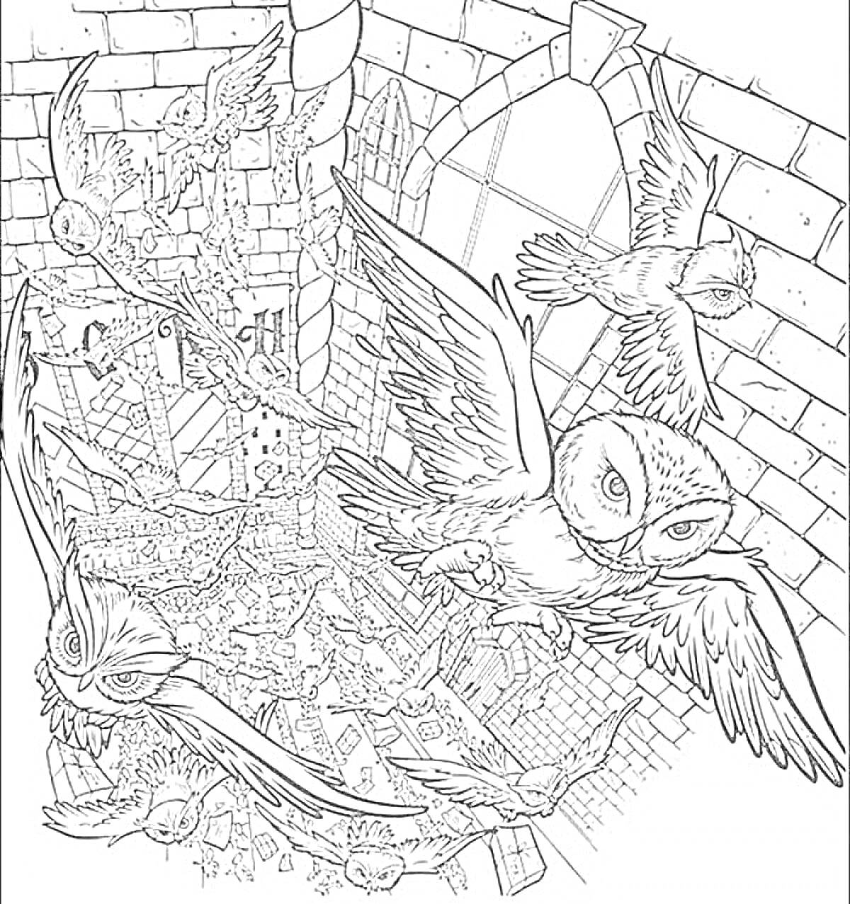 Раскраска Совиное сообщение по Гогвортсу (с совами, окнами замка и письмами)