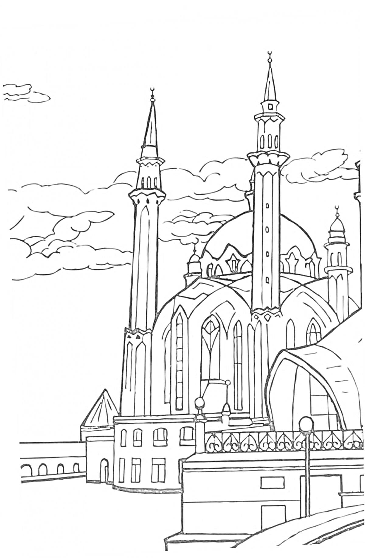 Раскраска Колоритная иллюстрация мечети Кул Шариф с облаками на заднем плане, минаретами и арочной архитектурой