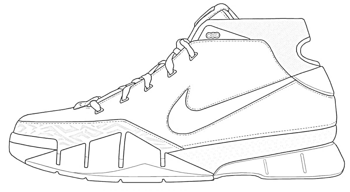 Раскраска Кроссовок Nike Jordan с логотипом Nike на боковой стороне, шнуровка, высокий верх, детализация подошвы и элементы дизайна