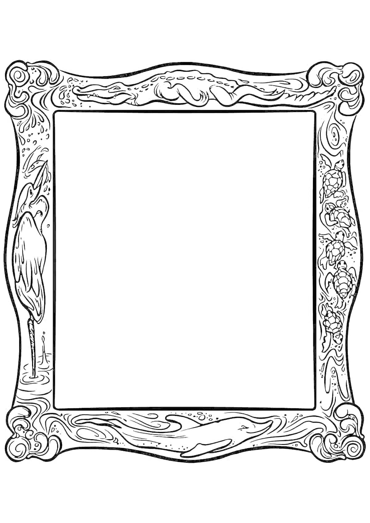 Раскраска Рамка с изображением аиста и цветов