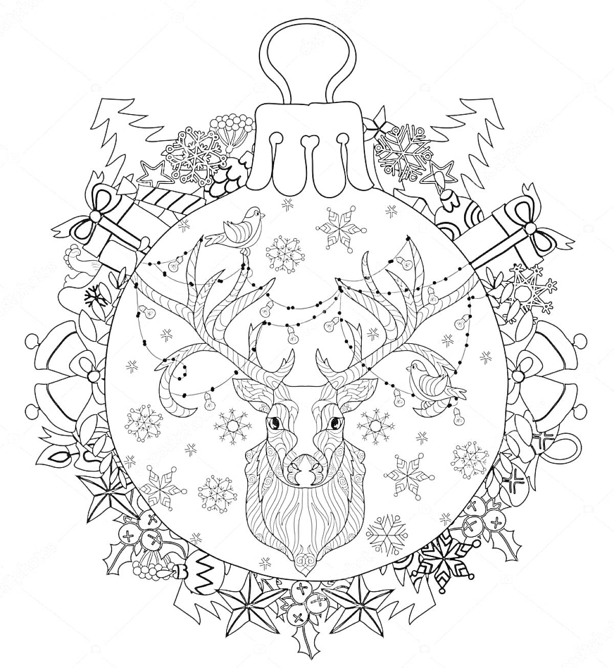 Раскраска Ёлочная игрушка с оленем, снежинками, звездами, лентами, колокольчиками, еловыми шишками и ветвями.