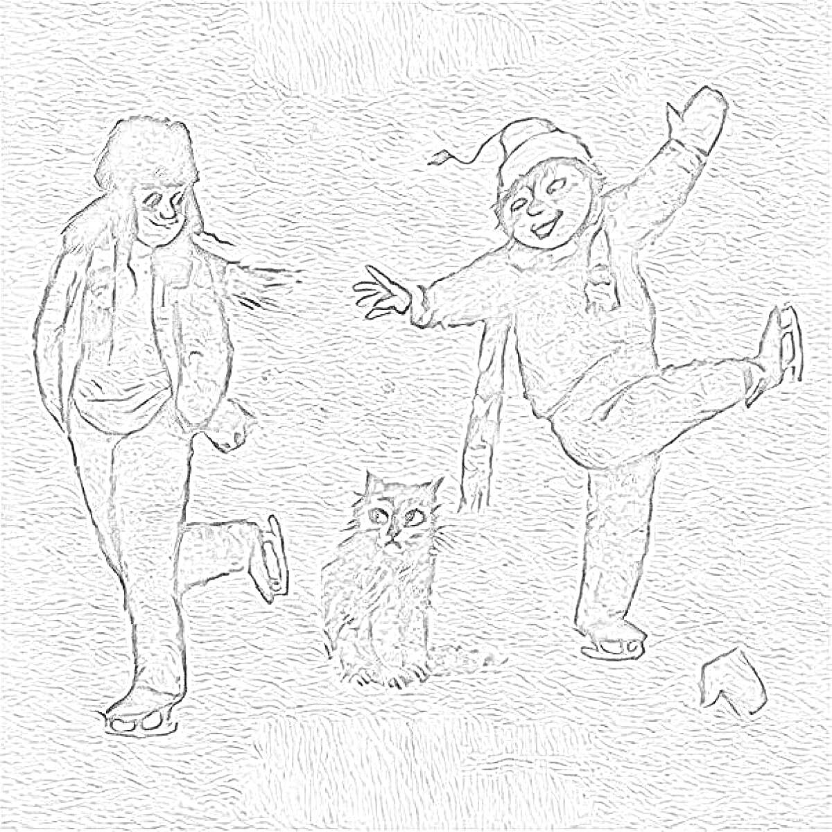 Раскраска Двое детей на коньках и сидящий кот