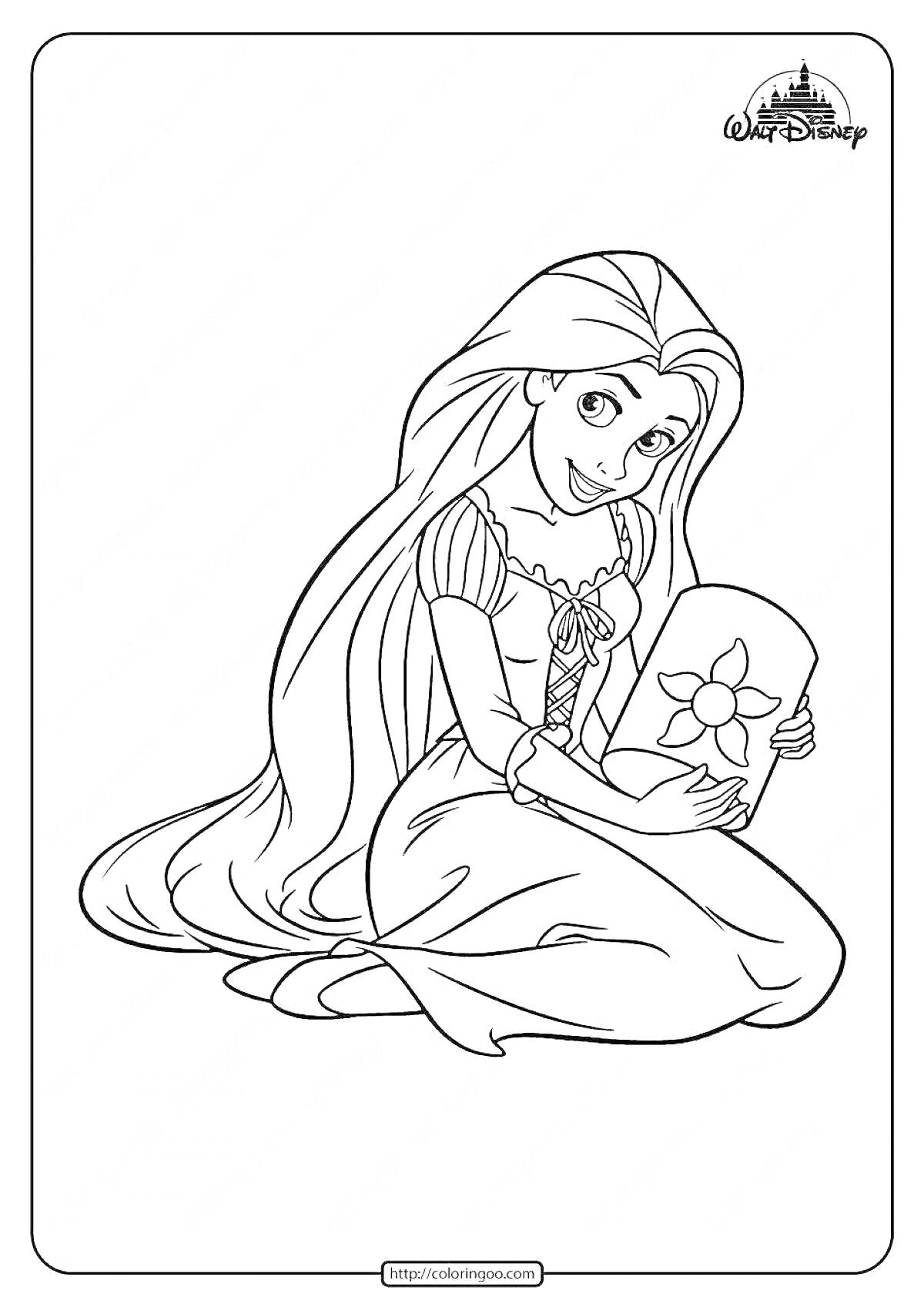 Раскраска Рапунцель с длинными волосами, сидит и держит карту с цветком
