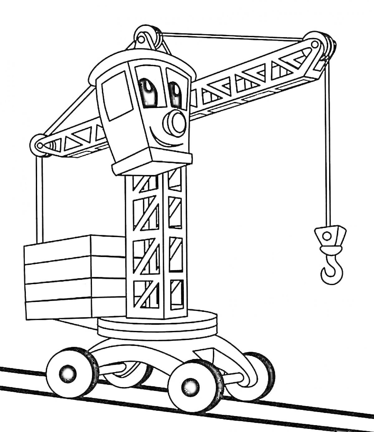 Раскраска Смышленый строительный кран на колёсах с крюком и грузом