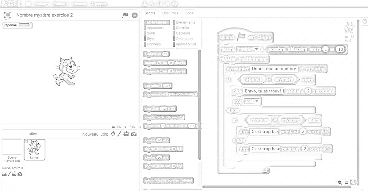 Котёнок и блоки кода в Scratch, редактор скриптов с блоками кода и спрайтом