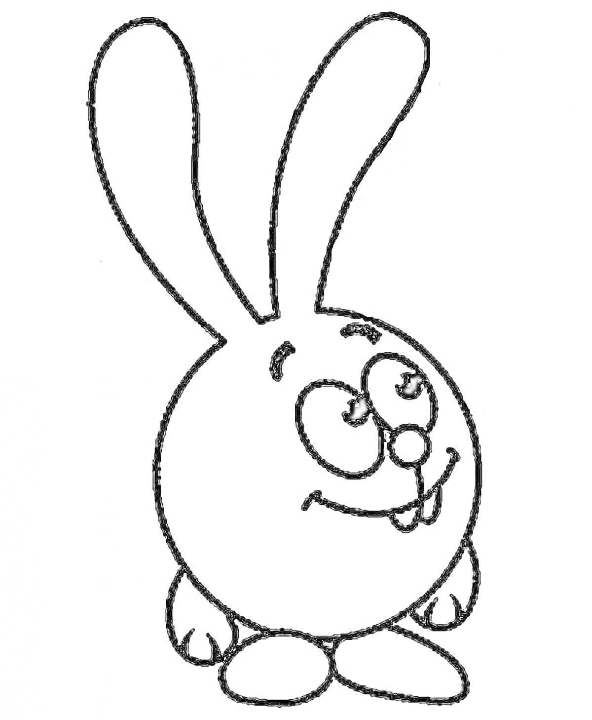 Раскраска круглый заяц с большими ушами, с улыбкой и с зубами