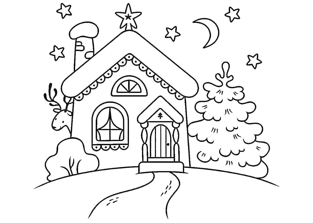 На раскраске изображено: Домик, Новый год, Звезды, Месяц, Олень, Зима, Крыша, Снег