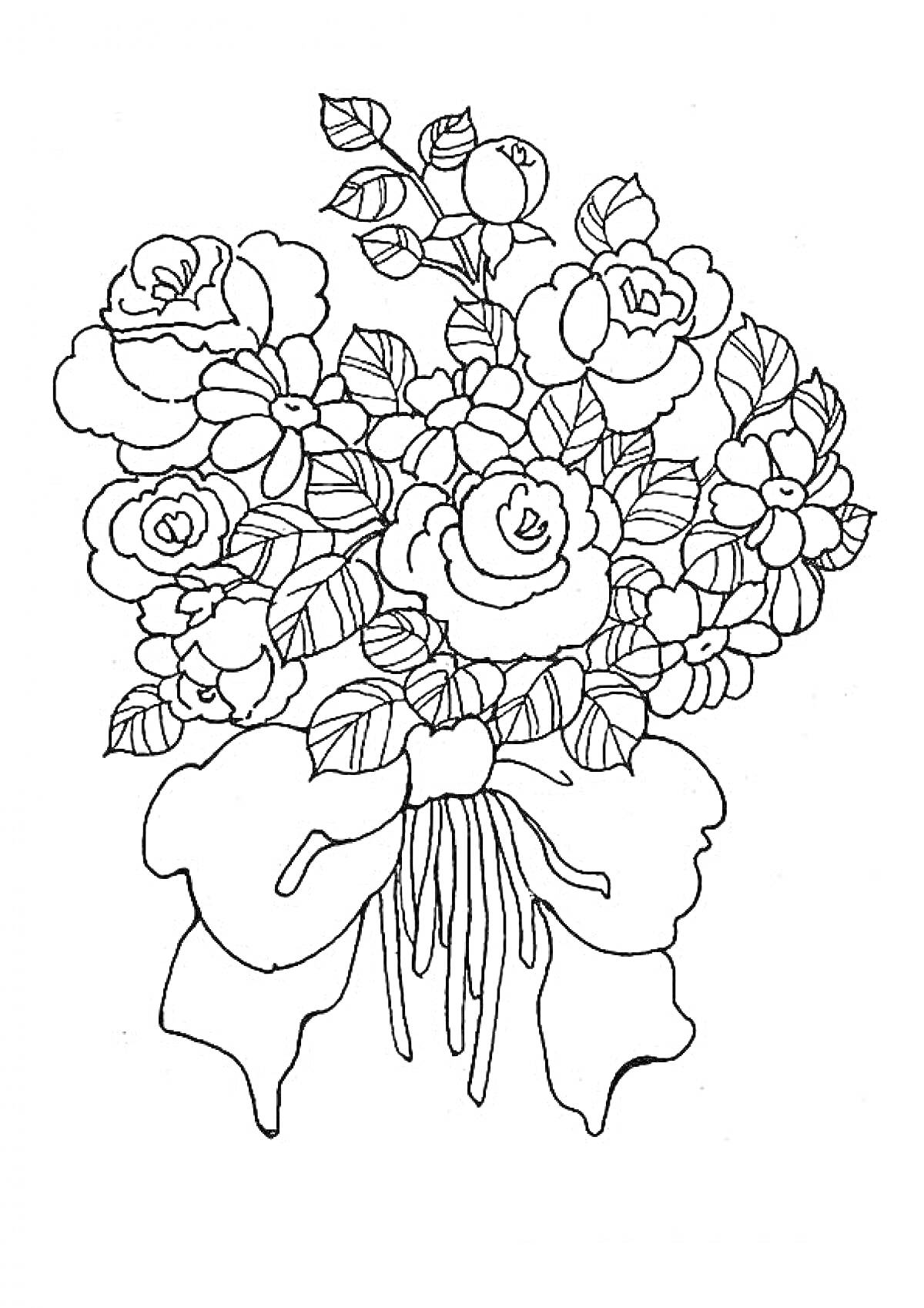 Раскраска Букет цветов с розами, герберами и бантом