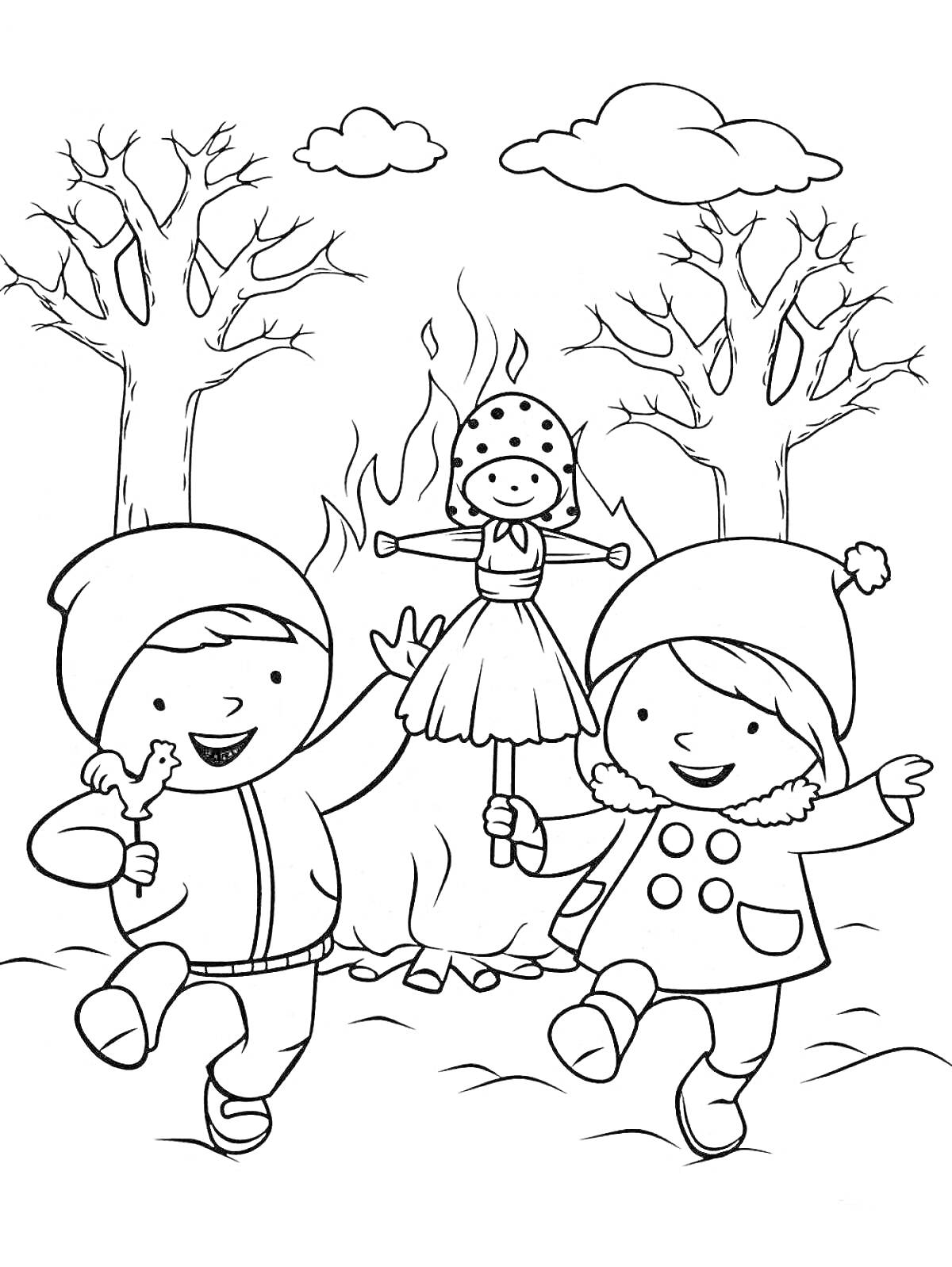 На раскраске изображено: Масленица, Костер, Чучело, Деревья, Зимняя одежда, Кукла