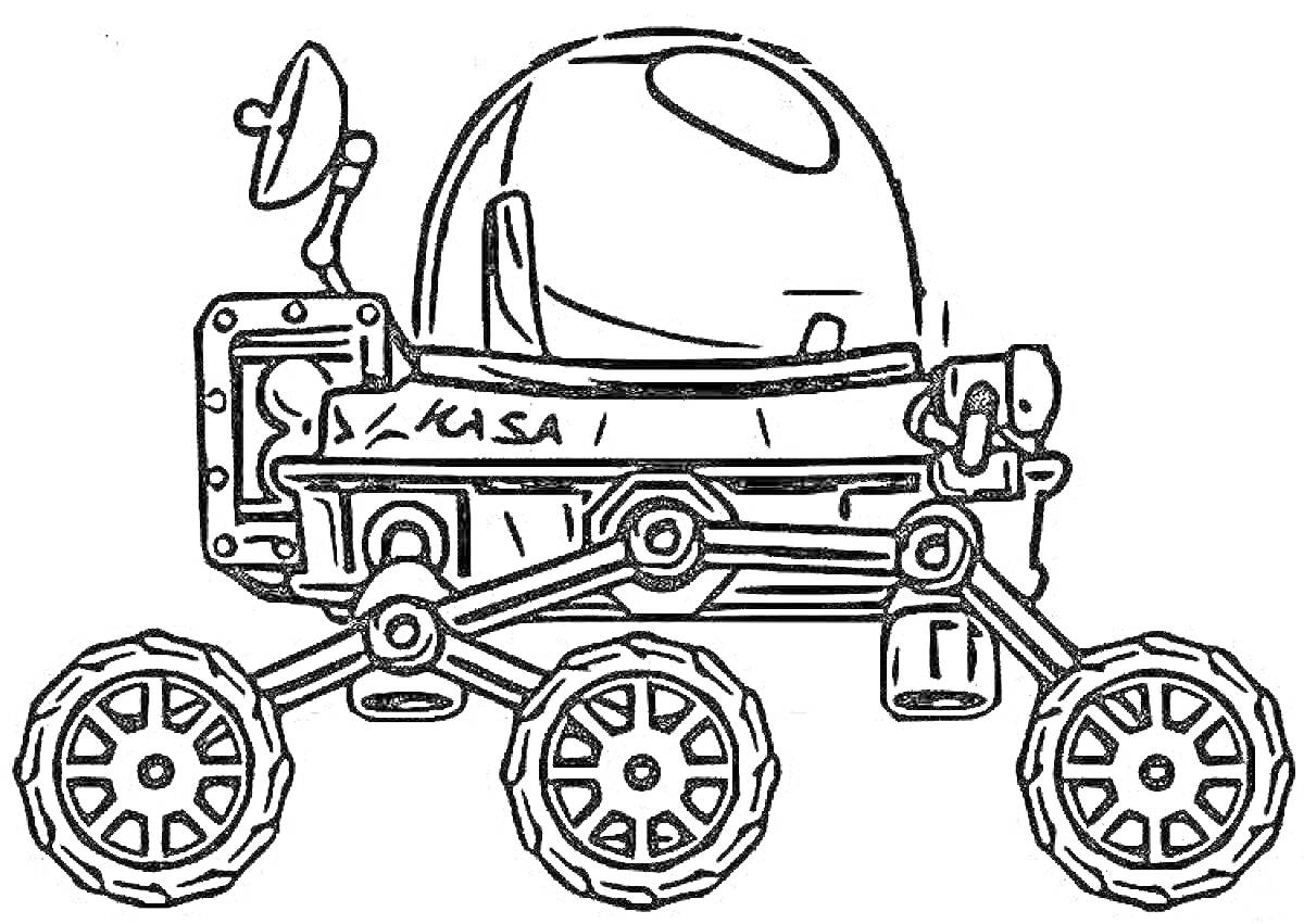 Раскраска Марсоход с антеннами и шинами для гонок на холмах