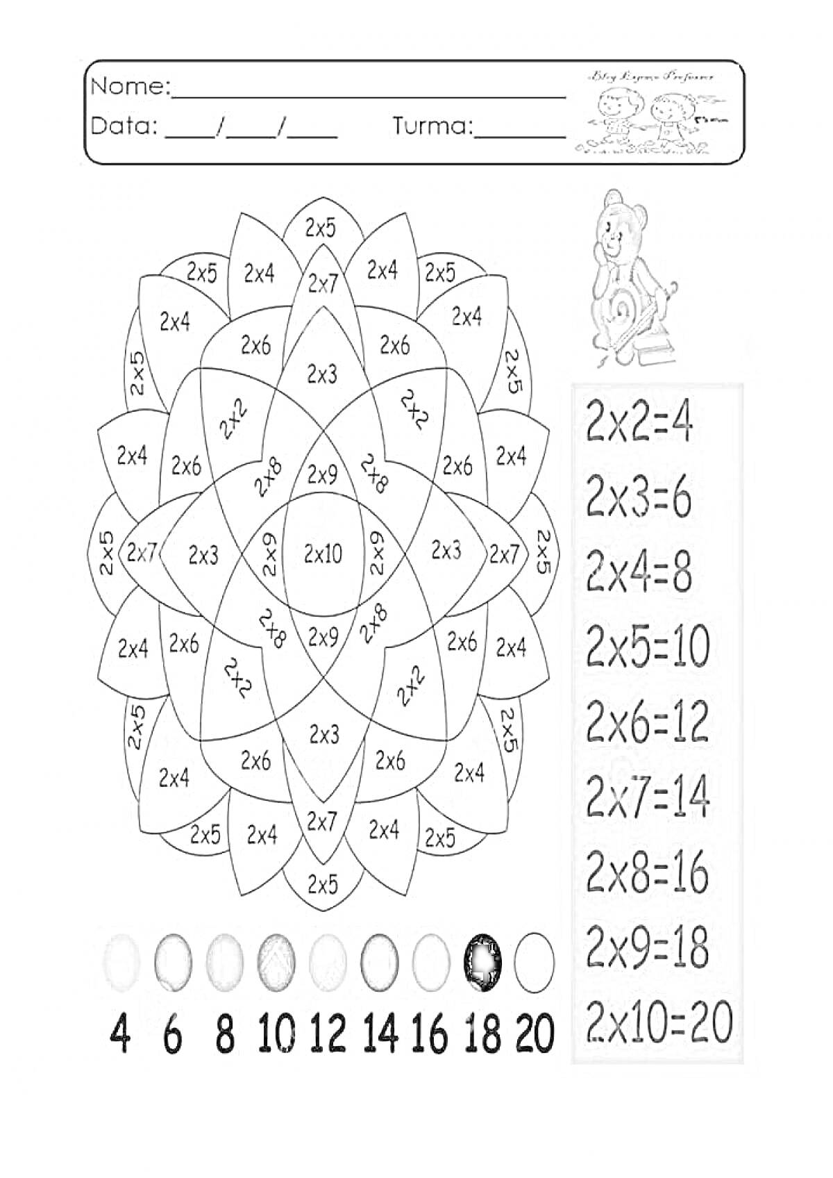  Таблица умножения на 2 с цветным кодом для раскрашивания цветка и игрушечный медведь