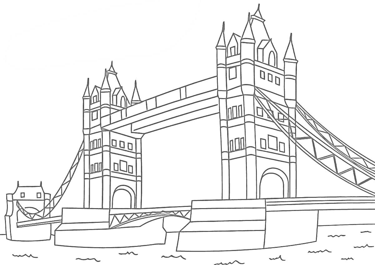 На раскраске изображено: Лондон, Великобритания, Река, Архитектура, Мост, Городской пейзаж, Достопримечательности