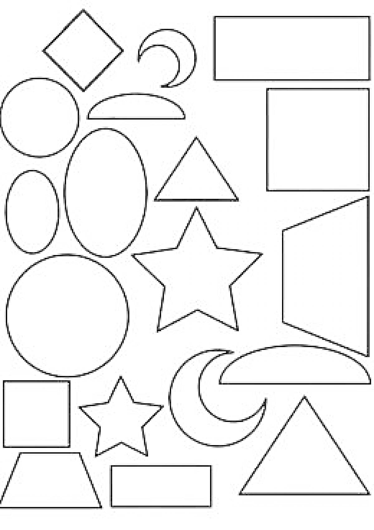 На раскраске изображено: Геометрические фигуры, Квадраты, Круги, Прямоугольники, Треугольники, Звезды, Трапеция, Овал, Ромбы