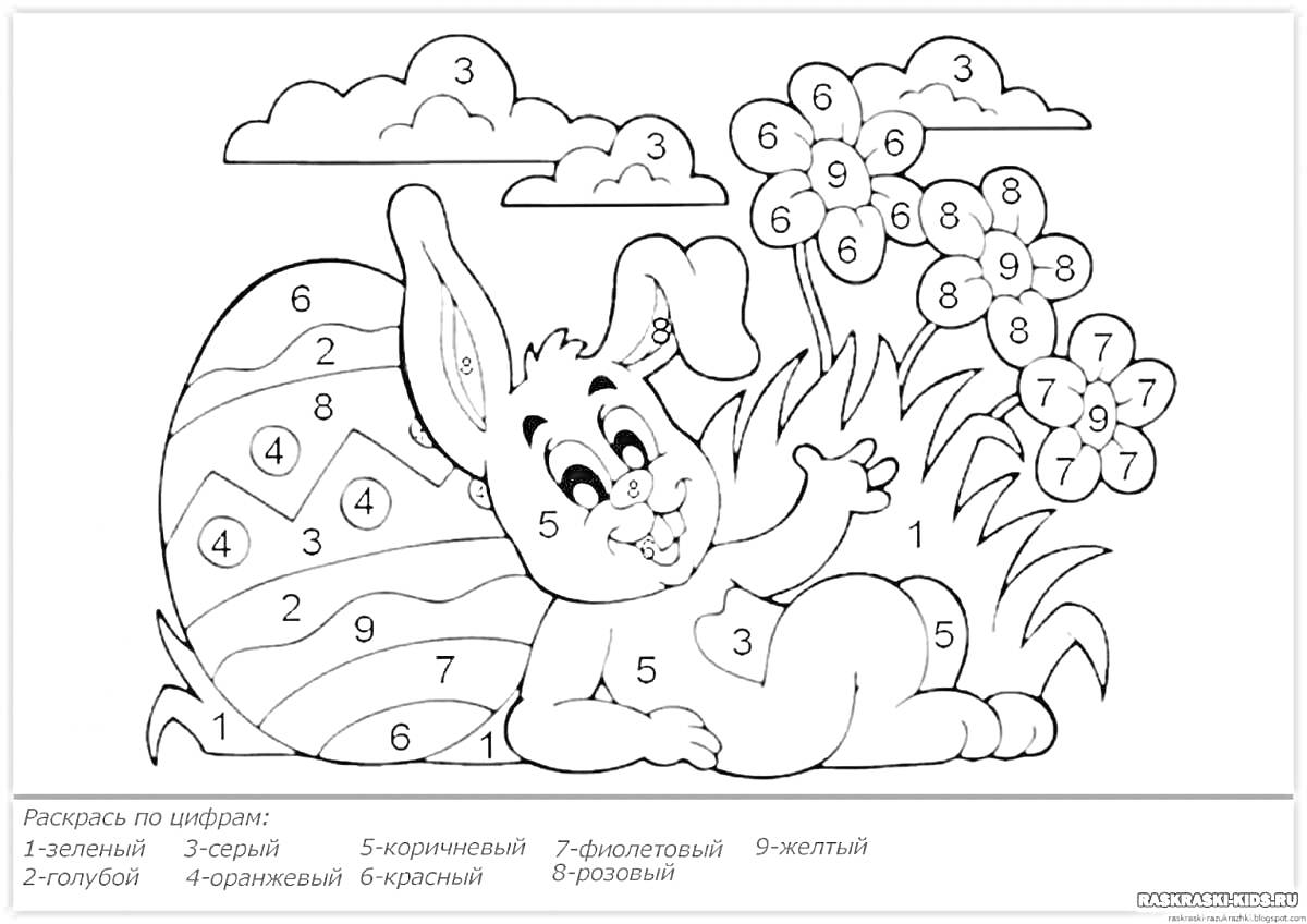 На раскраске изображено: Заяц, Цифры, Цветы, Облака, Трава