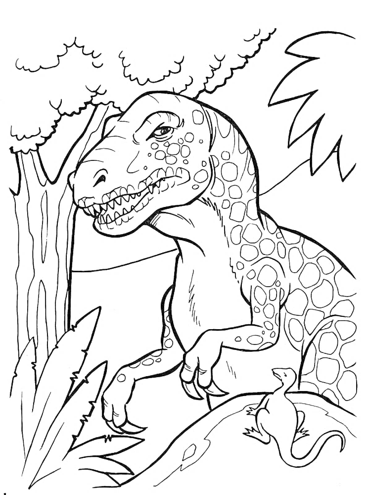 Раскраска Динозавр с гекконом в лесу