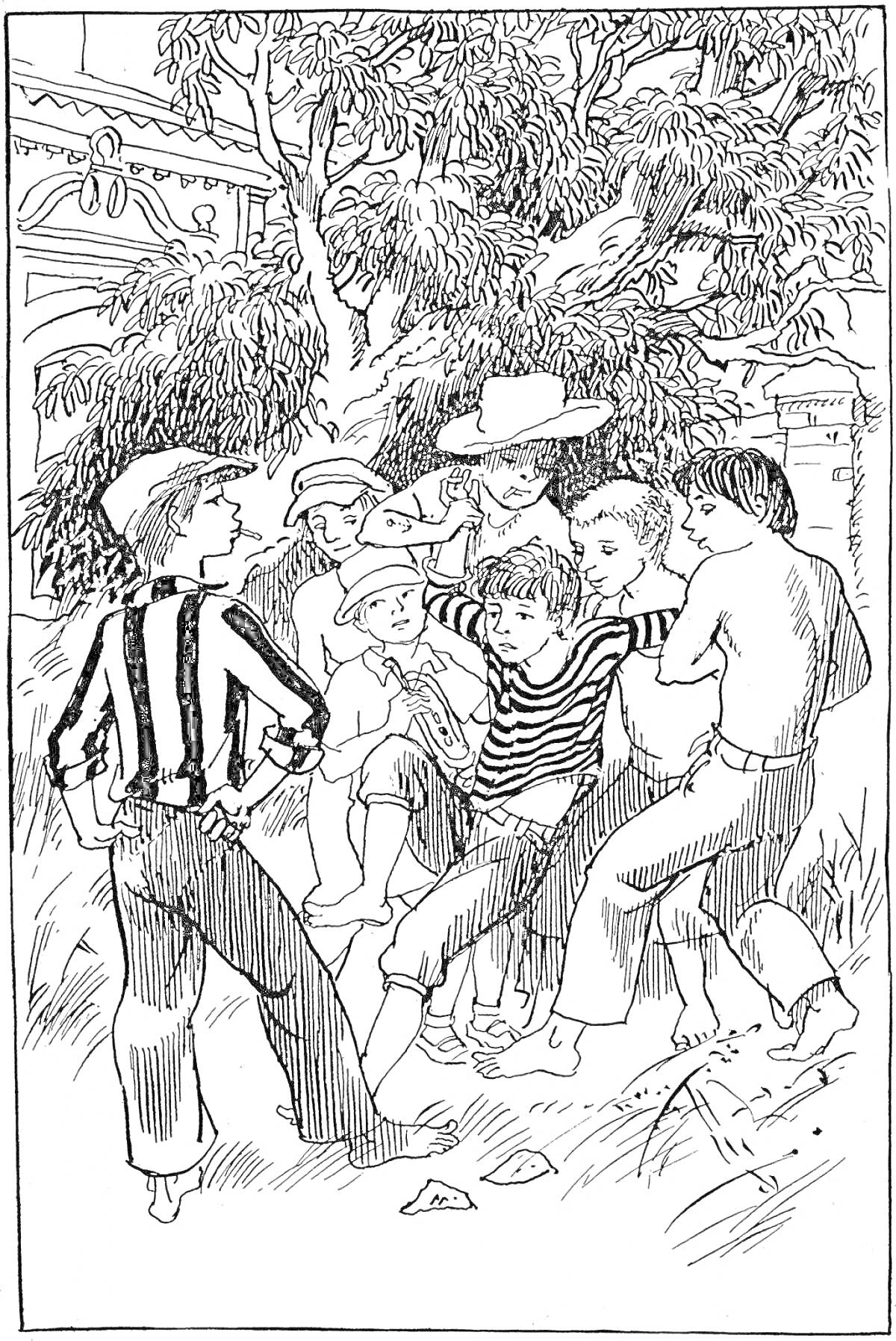 Раскраска Группа мальчиков под деревом в полосатых футболках и шляпах