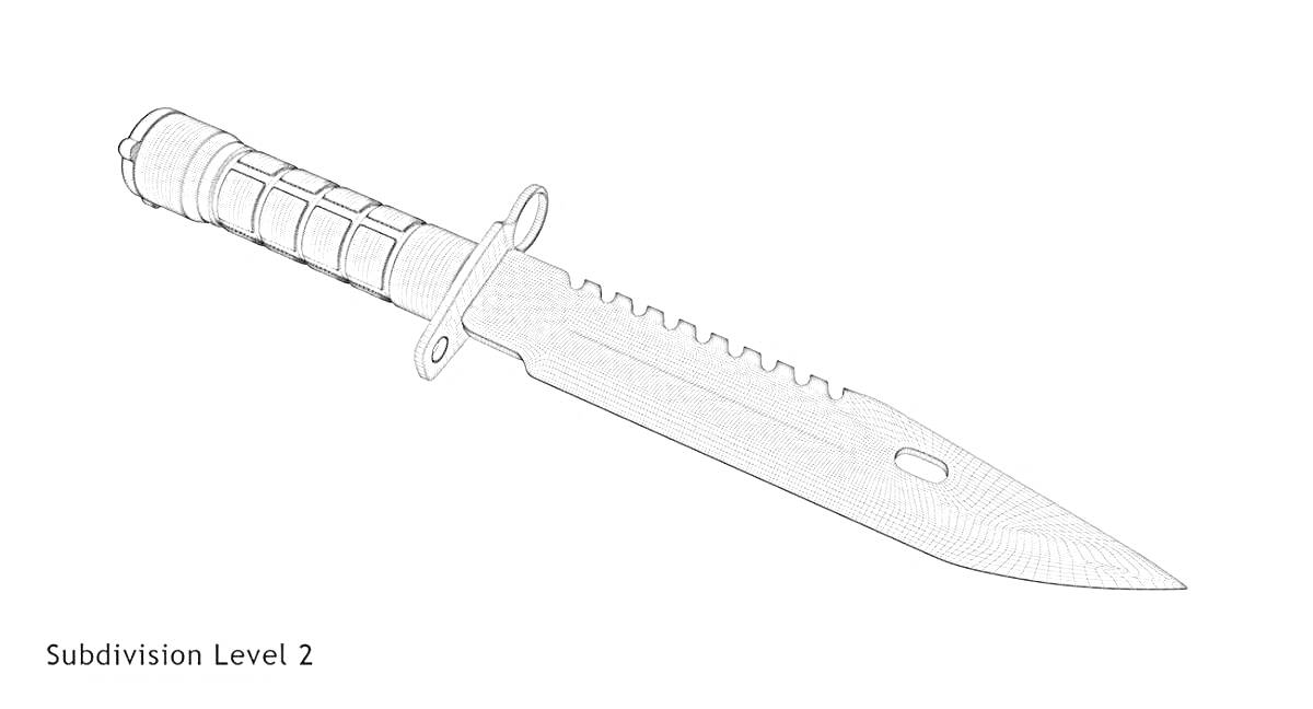 Раскраска Нож M9 байонет с гардами, зазубренным обухом и кольцом наверху рукояти